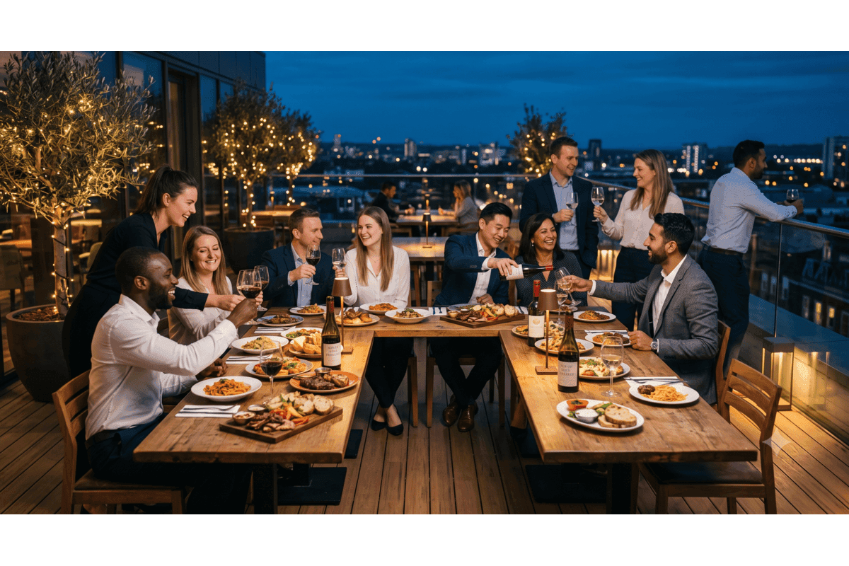 Dîner convivial sur un rooftop en soirée